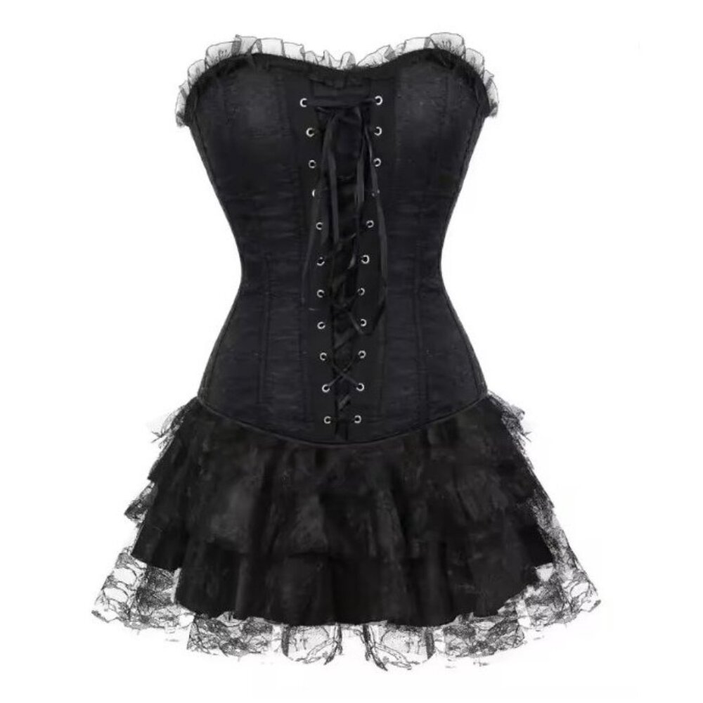 Black Jacquard Lace Ruffle Skirted Corset Dress - NEW